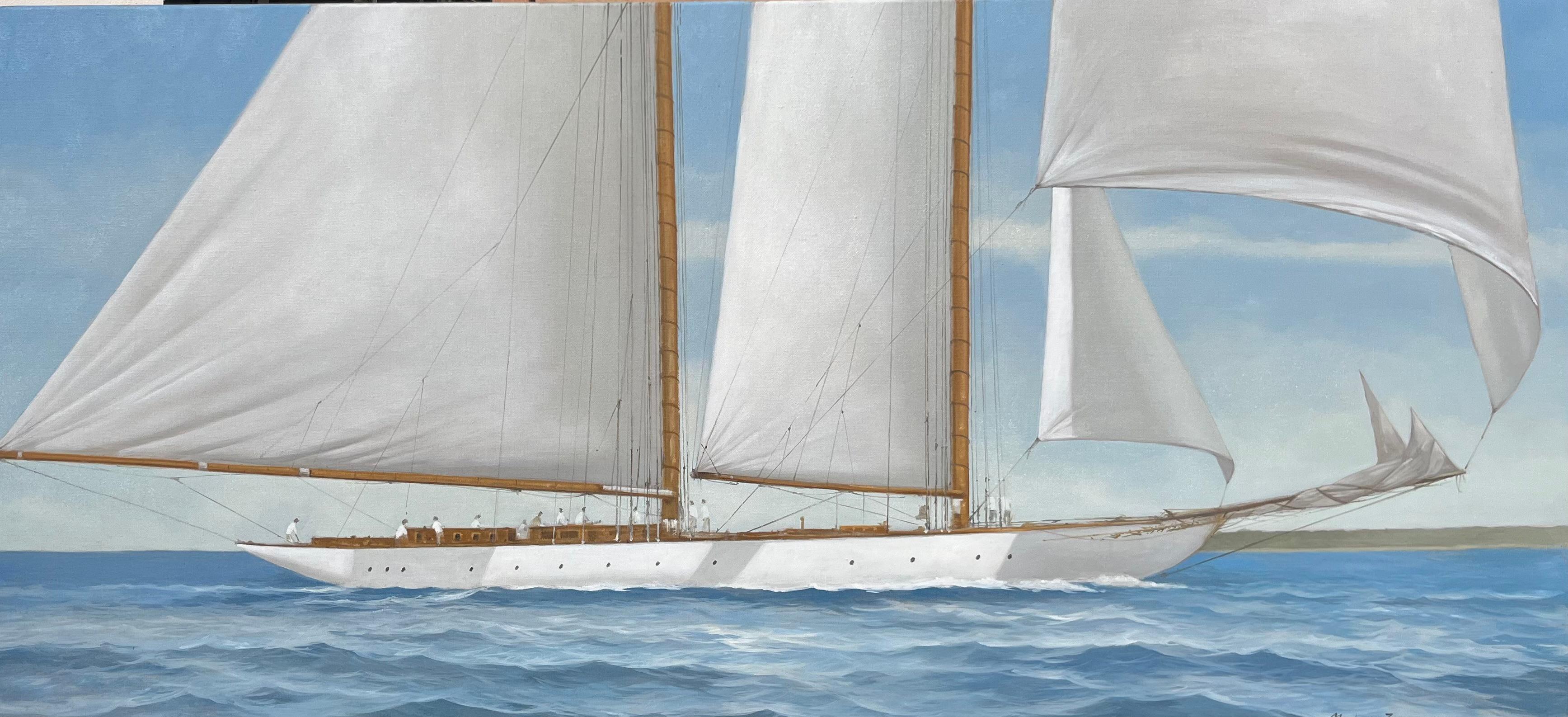 Michel Brosseau Still-Life Painting - "Panoramique" a photorealist maritime oil painting with a ship sailing