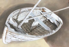 dinghy bateau "Petit Bateau" photorealistic oil painting of a white dinghy on exposed linen