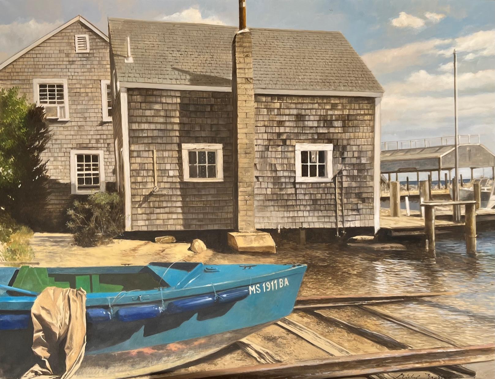 Michel Brosseau Landscape Painting - "Petit Port" oil painting of a blue boat and shingled shack on the harbor