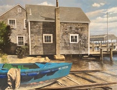 Used "Petit Port" oil painting of a blue boat and shingled shack on the harbor