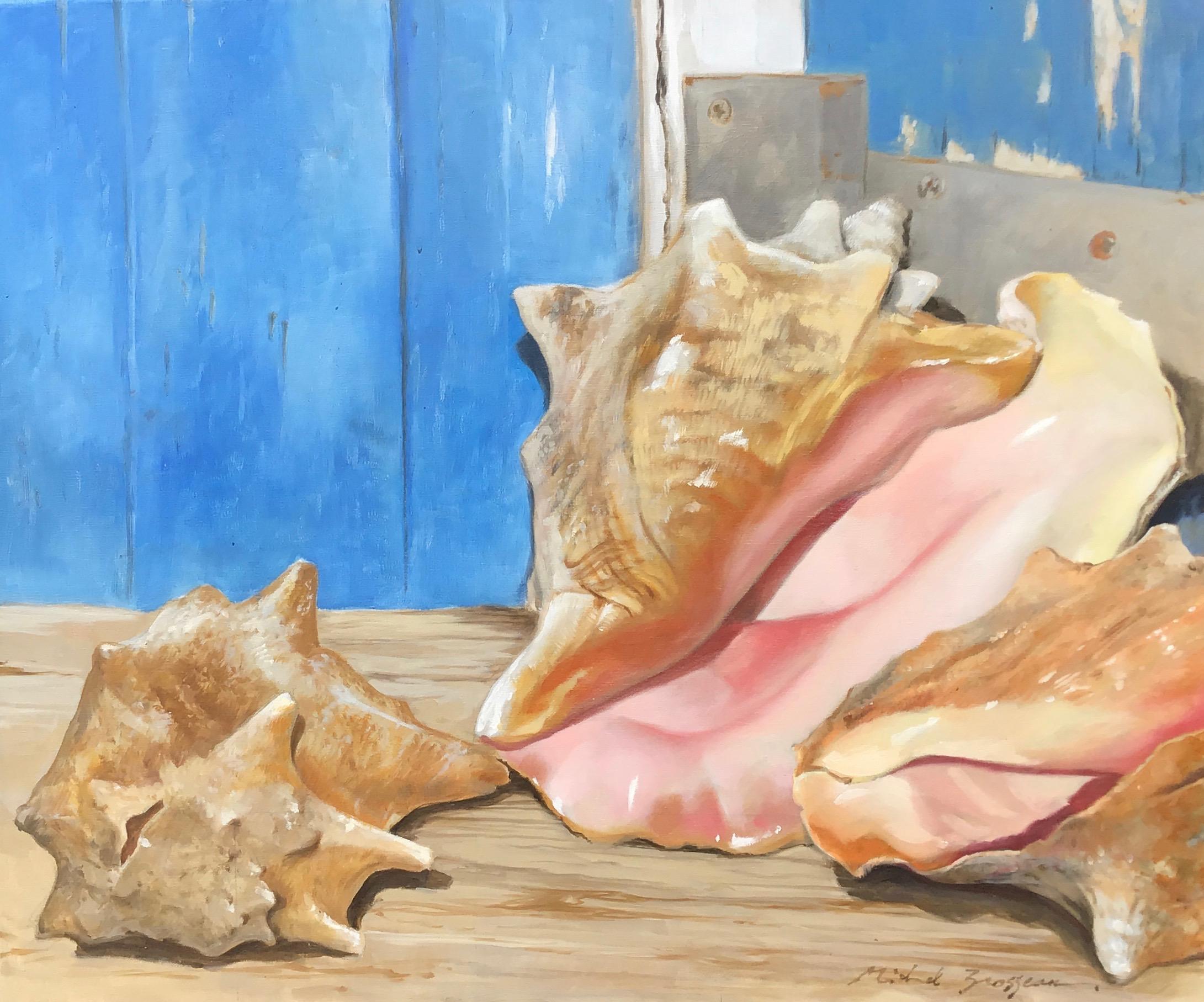 Michel Brosseau Still-Life Painting - "Pretty in Pink" oil painting of conch shells in front of a blue door