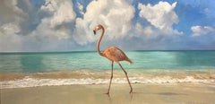"Promenade" a pink flamingo struts along the shore of a tropical beach