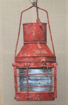 "Red Lantern" photorealist oil painting of a red nautical lantern on linen