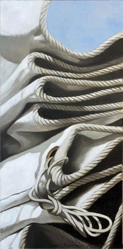 "Resting" Oil painting of white folded sail and rope against blue sky
