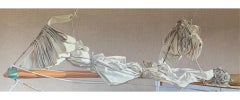 "Seeker" photorealist oil painting of a white folded sail with exposed linen