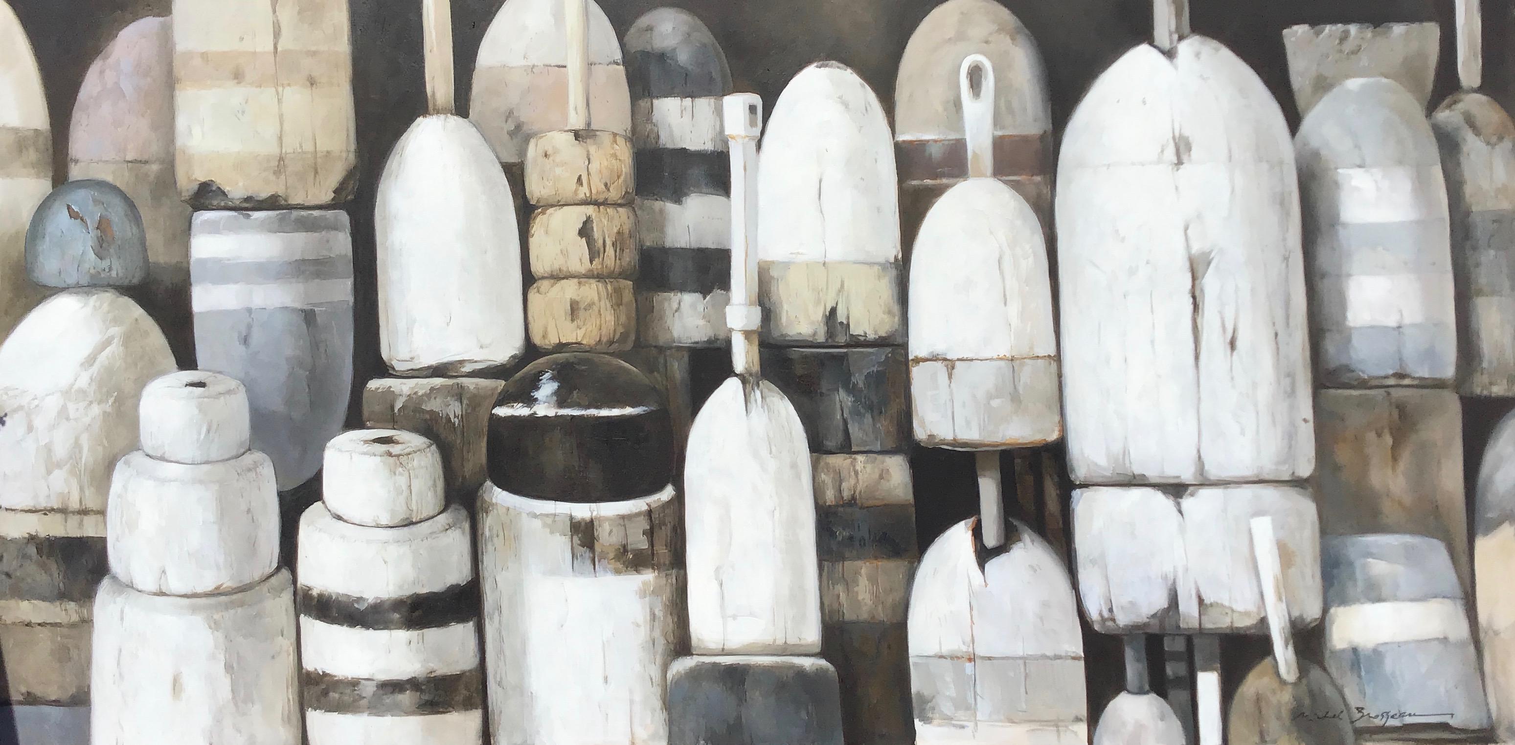 Michel Brosseau Still-Life Painting - "Shades of Gray" oil painting of black, white and grey buoys