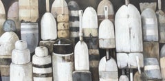 "Shades of Gray" oil painting of black, white and grey buoys