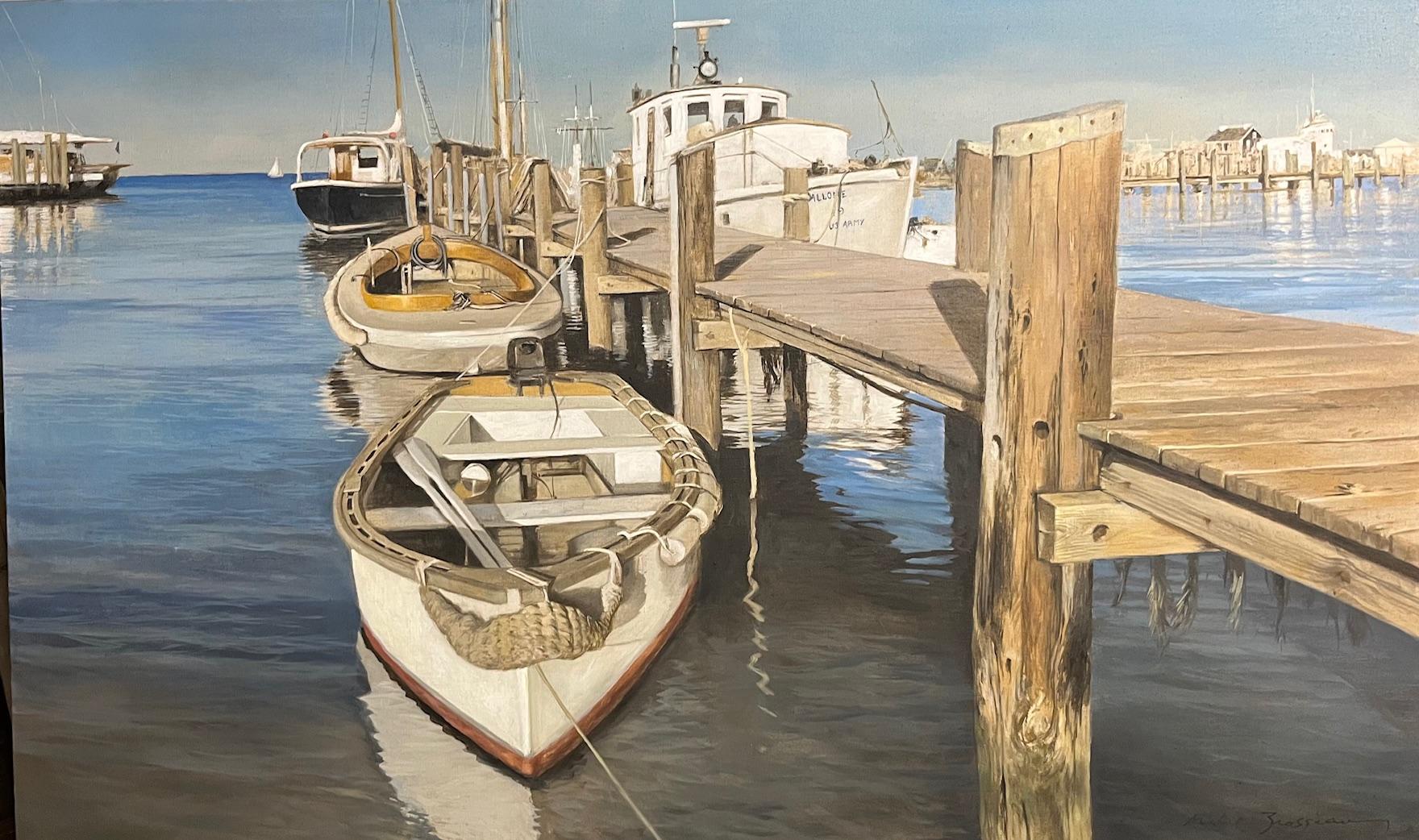 Still-Life Painting di Michel Brosseau - "(Sitting on) the Dock of the Bay" barche legate a un molo sull'oceano