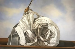 "Snail Sail" photorealistic oil painting of a rolled sail, blue sky and clouds