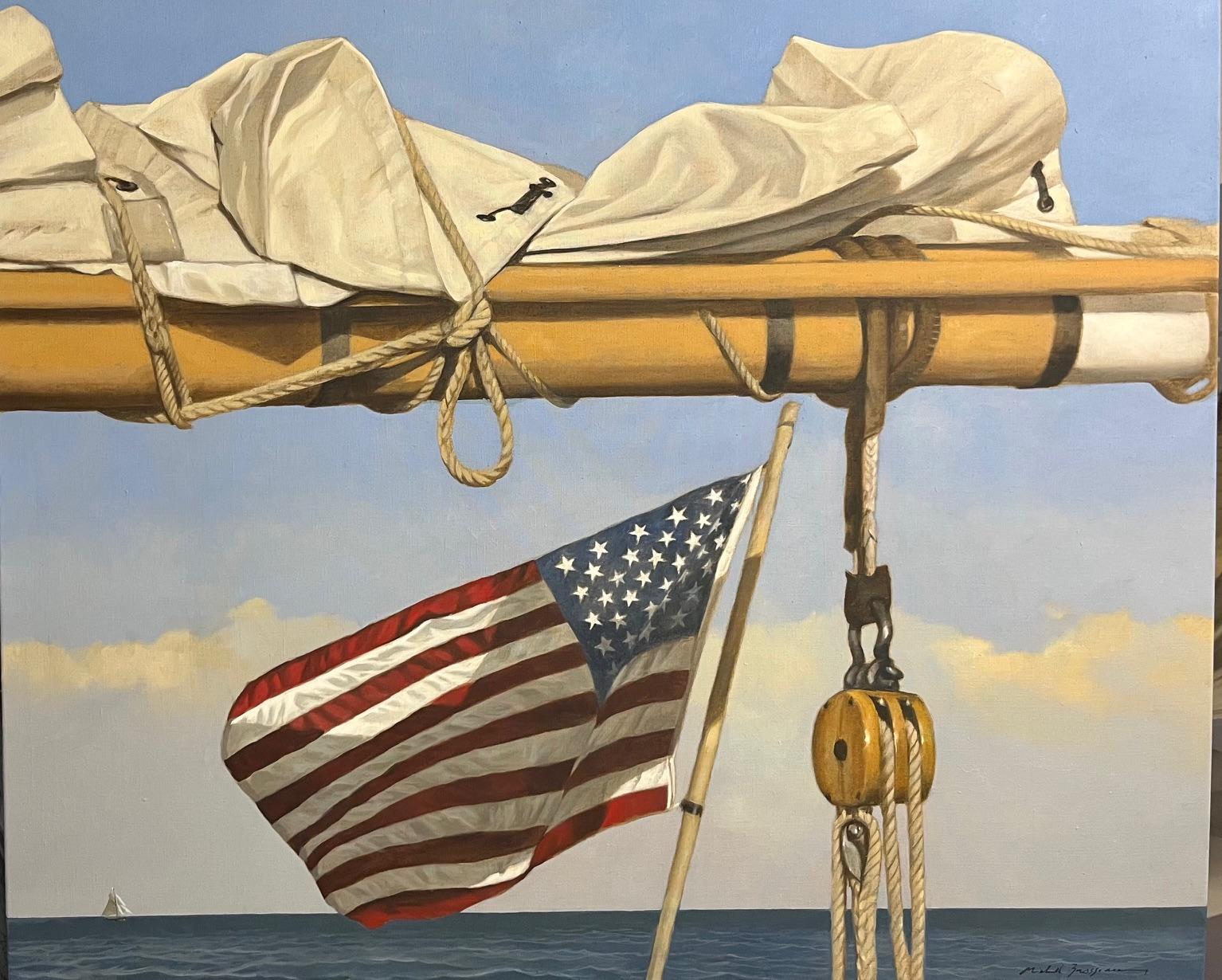 "Star Spangled Stern" una vela plegada proyecta una sombra sobre la bandera americana