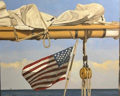 "Star Spangled Stern" una vela plegada proyecta una sombra sobre la bandera americana