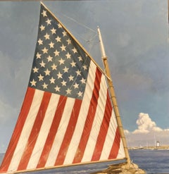 "Stars and Stripes" oil painting of a boat with an American Flag sail 