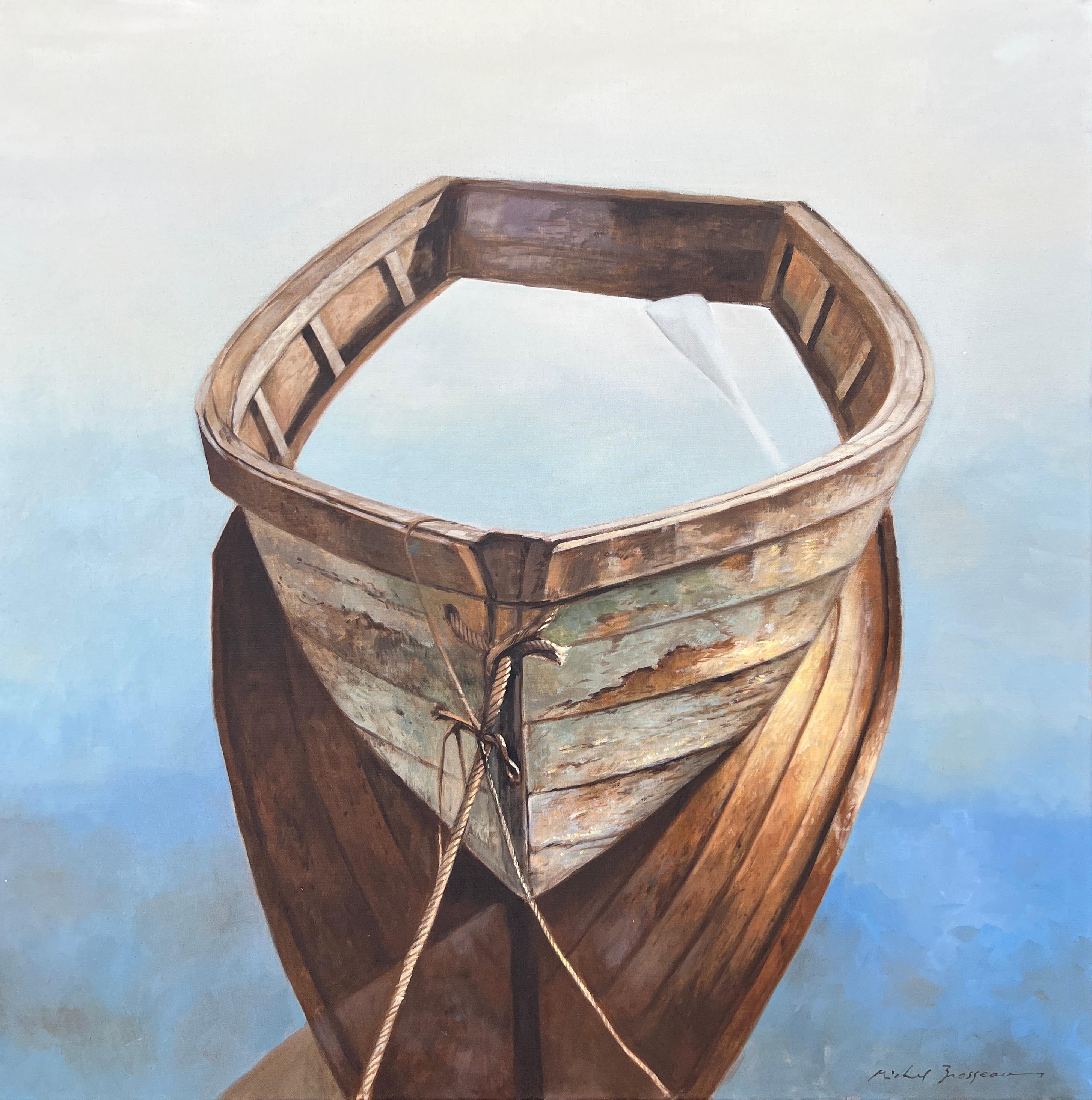 Michel Brosseau Still-Life Painting - "Still Reflection" photorealist oil painting of a dinghy filled with blue water