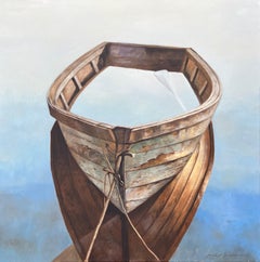 "Still Reflection" photorealist oil painting of a dinghy filled with blue water