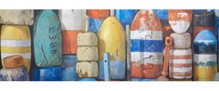 "Summer Buoys" Oil painting of bright red orange, yellow, white, and blue buoys