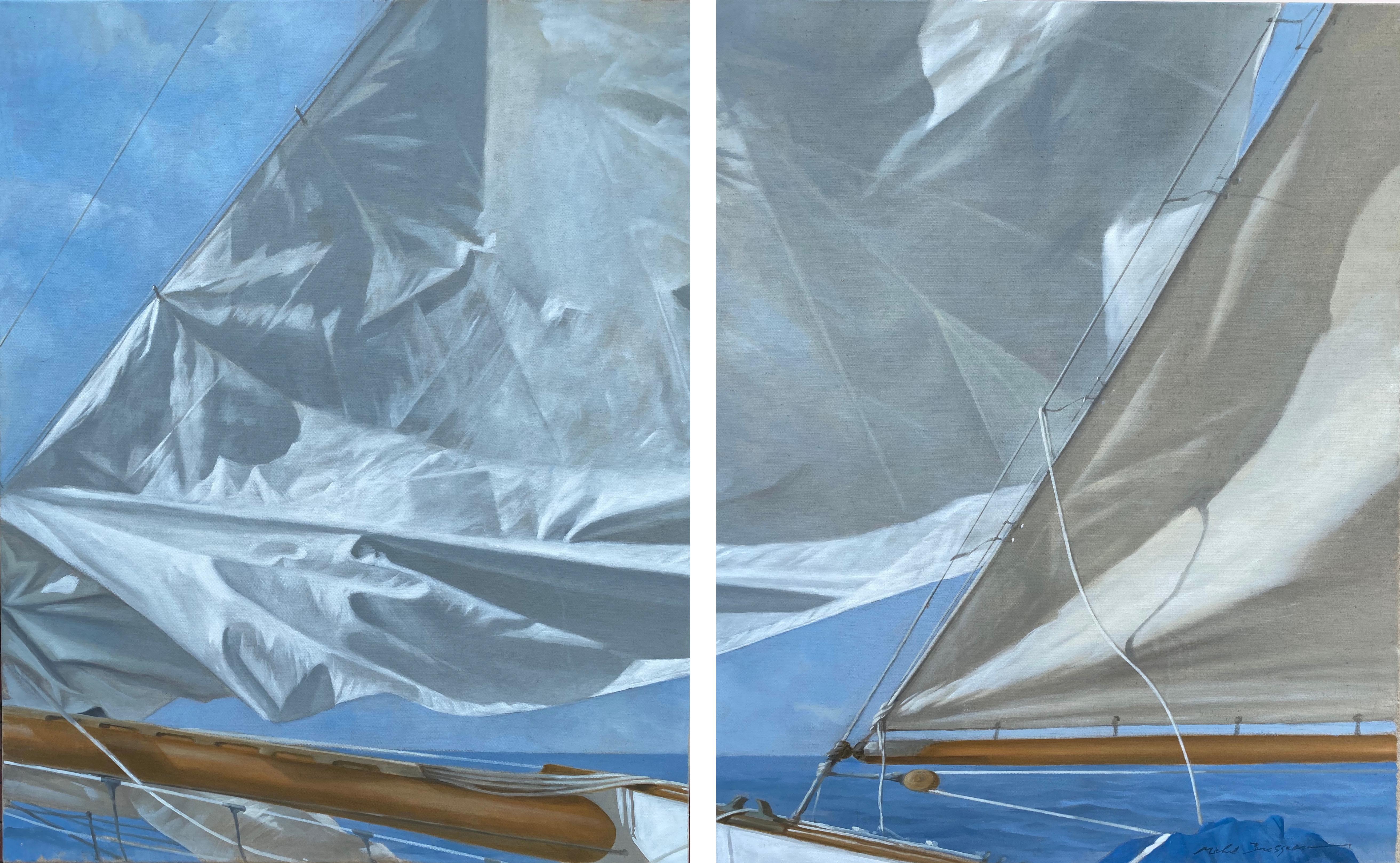Michel Brosseau Still-Life Painting - "Tall Sails (Diptych)" a pair of oil paintings depicting the bow of a ship