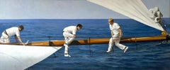 "The Crew" Ölgemälde von drei Matrosen am Ausleger eines Segelboots auf dem Meer