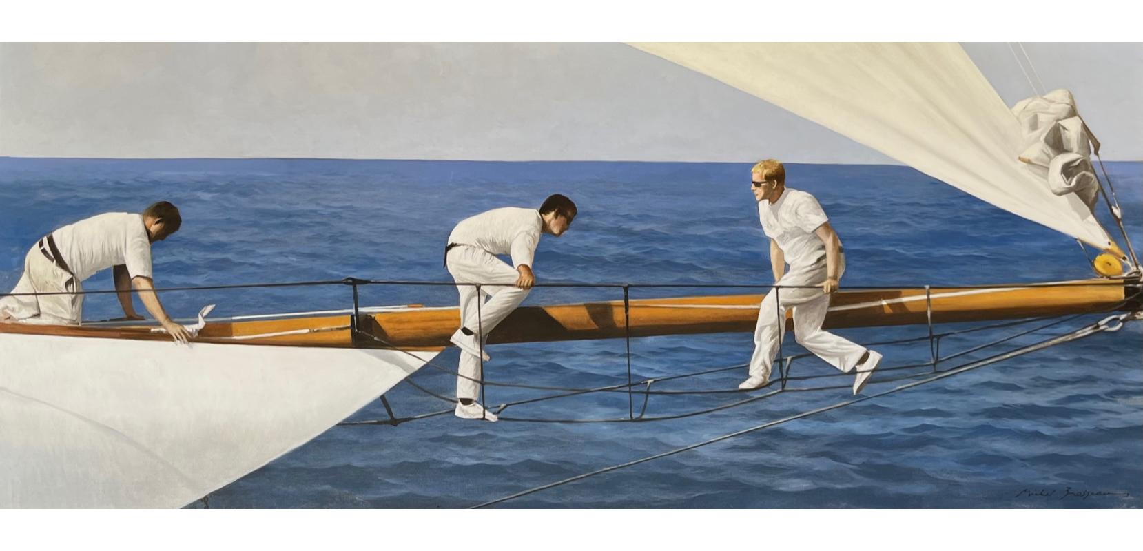 Michel Brosseau Figurative Painting - "The Crew" oil painting of three sailors on the boom of a sailboat on the ocean 