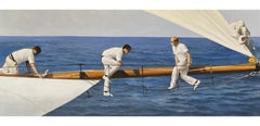 "The Crew" oil painting of three sailors on the boom of a sailboat on the ocean 