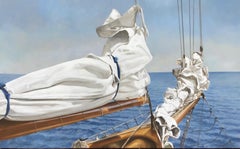 "Tied and True" oil painting of a folded sail and bow in blue ocean behind