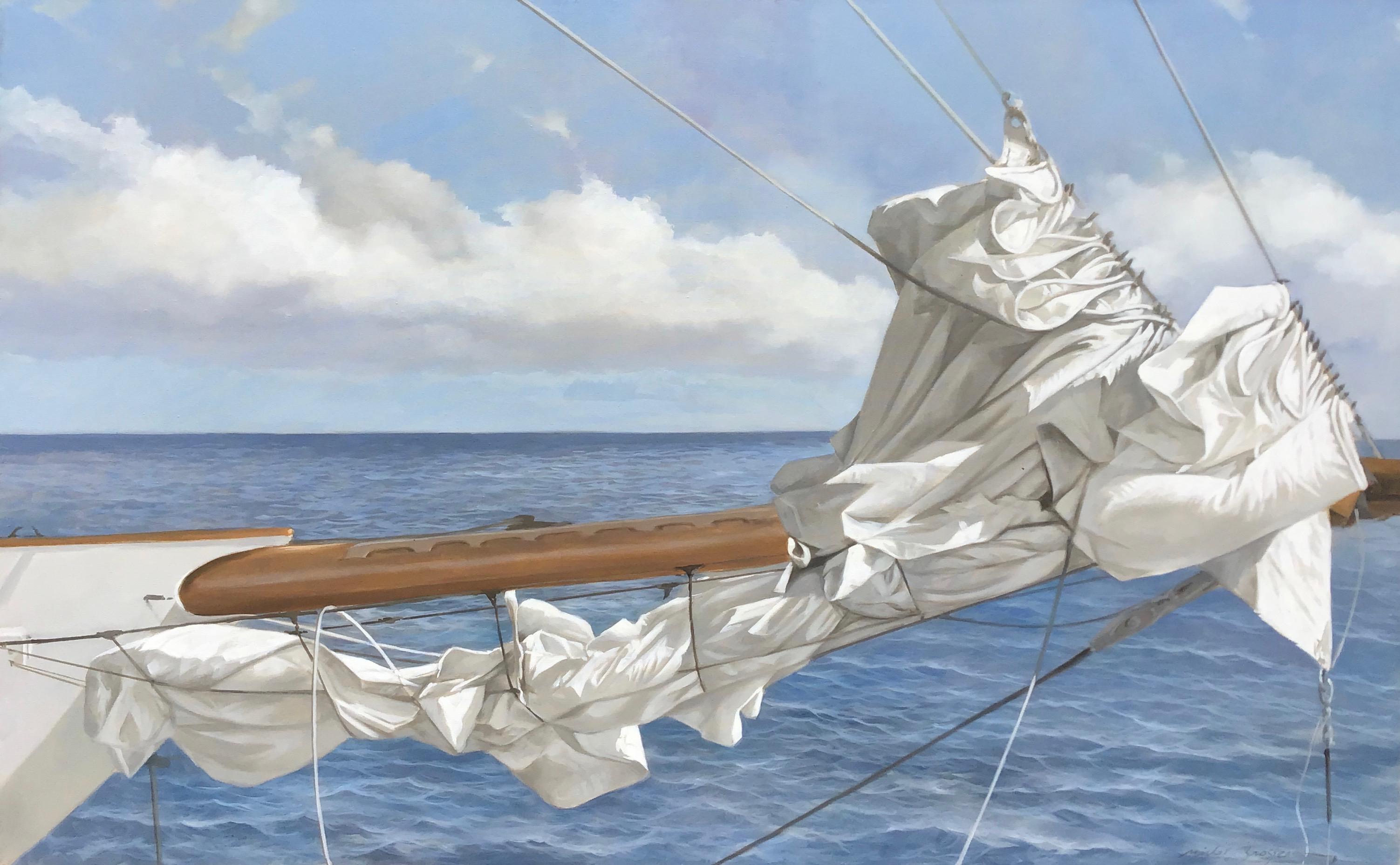 Michel Brosseau Landscape Painting - "Tied at Sea" oil painting of a folded white sail with blue ocean behind