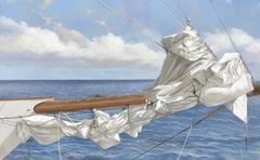 "Tied at Sea" oil painting of a folded white sail with blue ocean behind