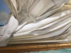 "Top of the Day" oil painting of a ruched sail with green ocean behind