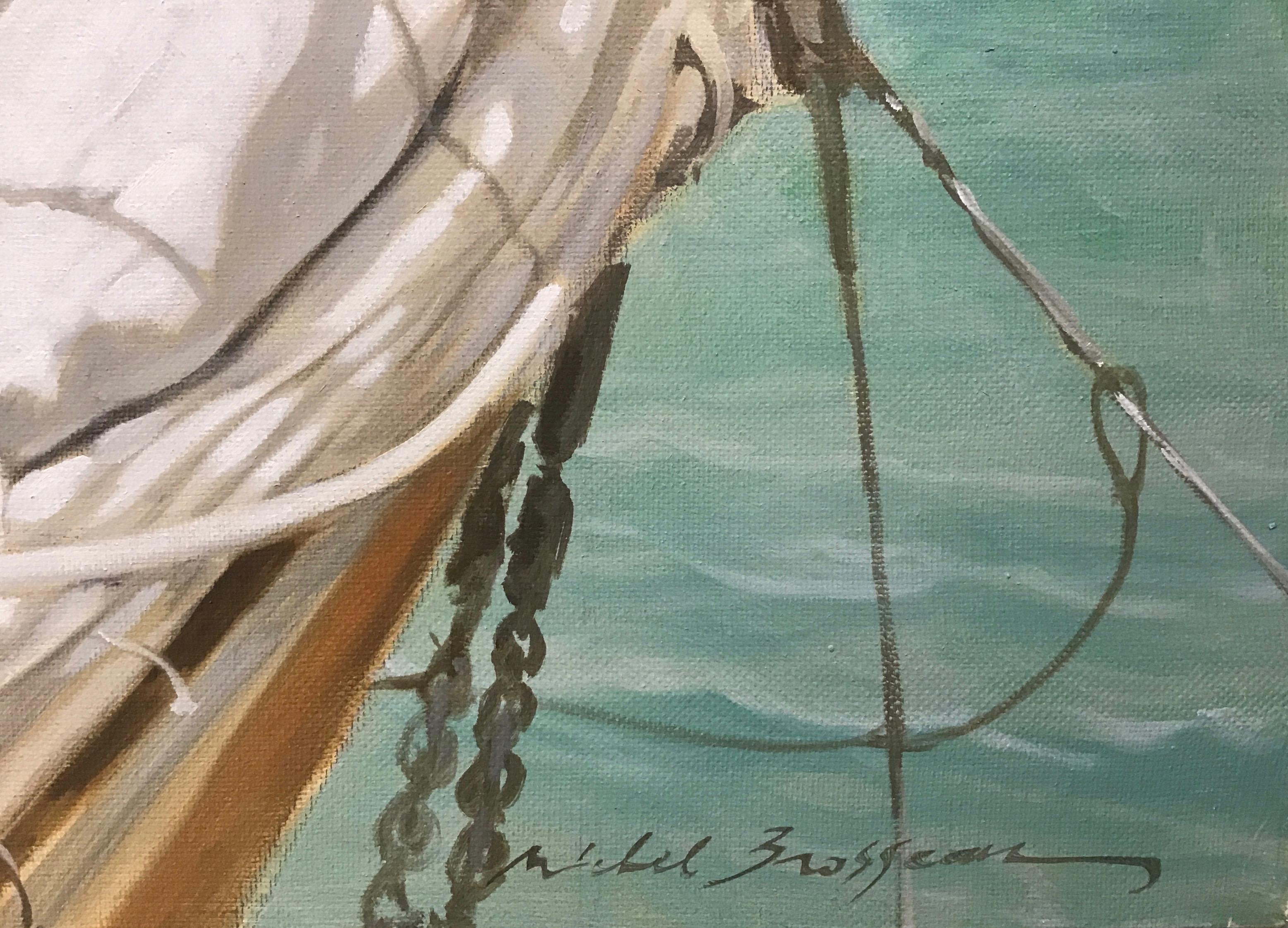 Oil painting of a ruched sail with green and blue ocean behind.

Michel Brosseau was born in Nantes and has lived in Bordeaux for many years. Both cities are on the Atlantic coast of France and have rich maritime histories, highlighted by prosperous