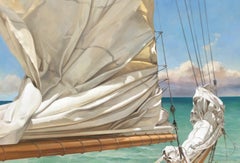 "Top of the Day" oil painting of a ruched sail with green ocean behind