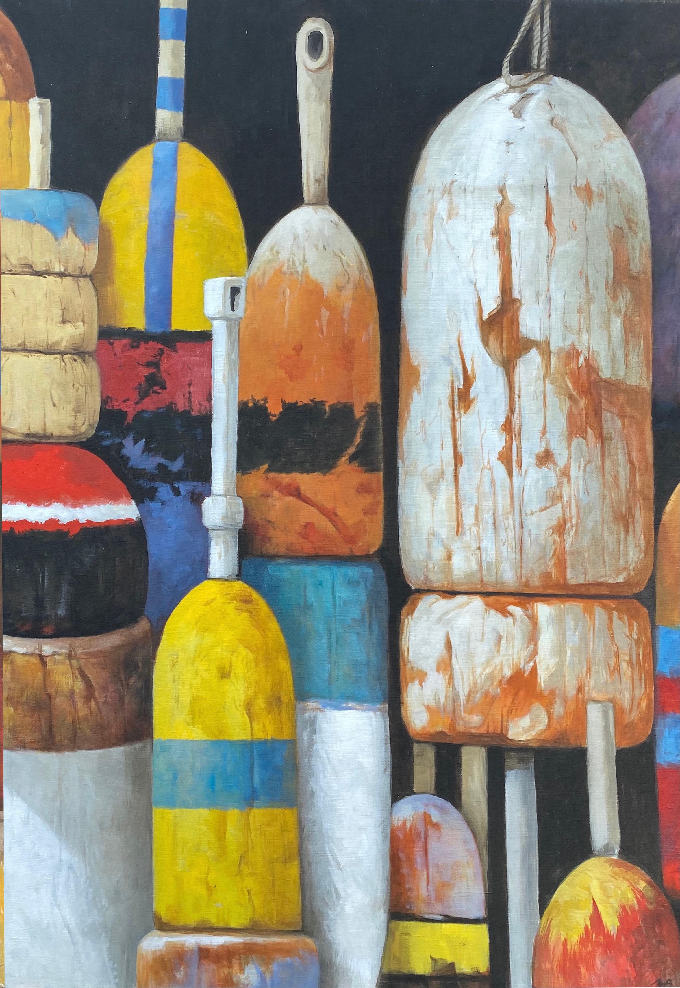 Michel Brosseau Still-Life Painting - "Tropical Buoys" oil painting of orange, red and turquoise colored buoys