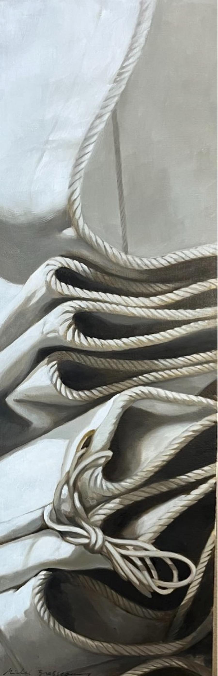 Michel Brosseau Still-Life Painting - "Unravel" a realistic and close up view of the ship's sail folded and resting