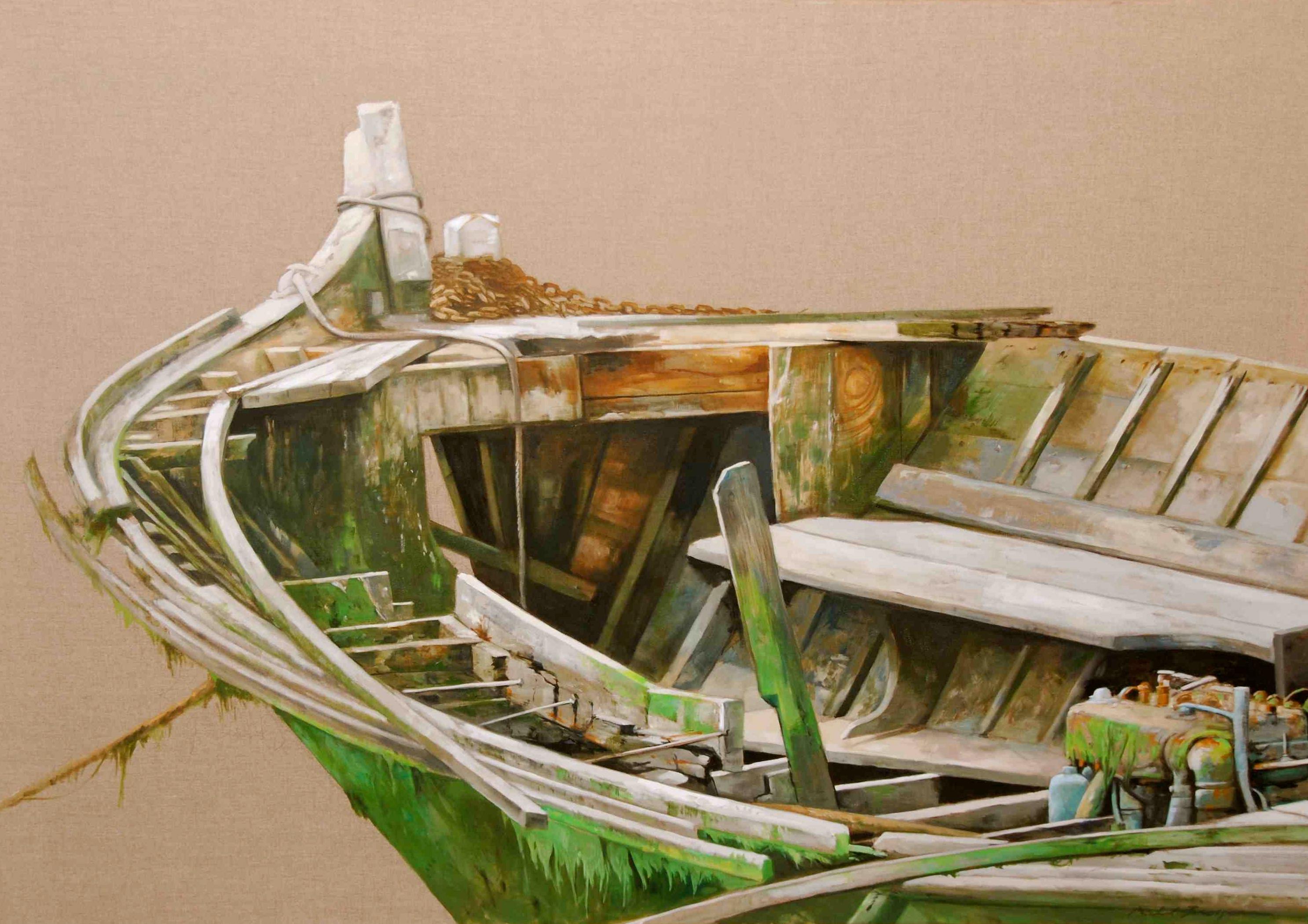 Michel Brosseau Still-Life Painting - "Verde in View" a photorealist oil painting, overlooking a vibrant green boat