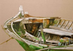„Verde in View“, ein fotorealistisches Ölgemälde mit Blick auf ein leuchtend grünes Boot