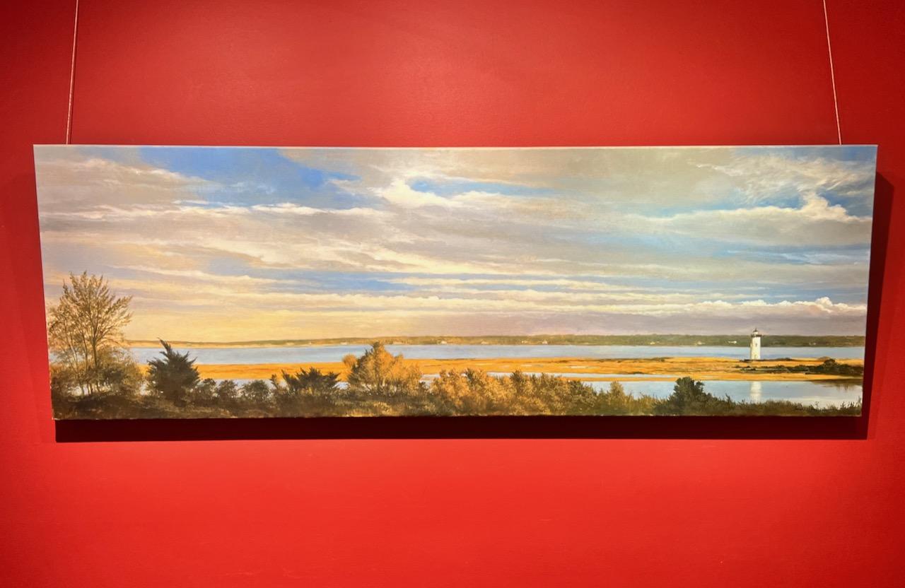 „View from the Porch“ Ölgemälde des Hafens von Edgartown mit Leuchtturm, Wolken – Painting von Michel Brosseau