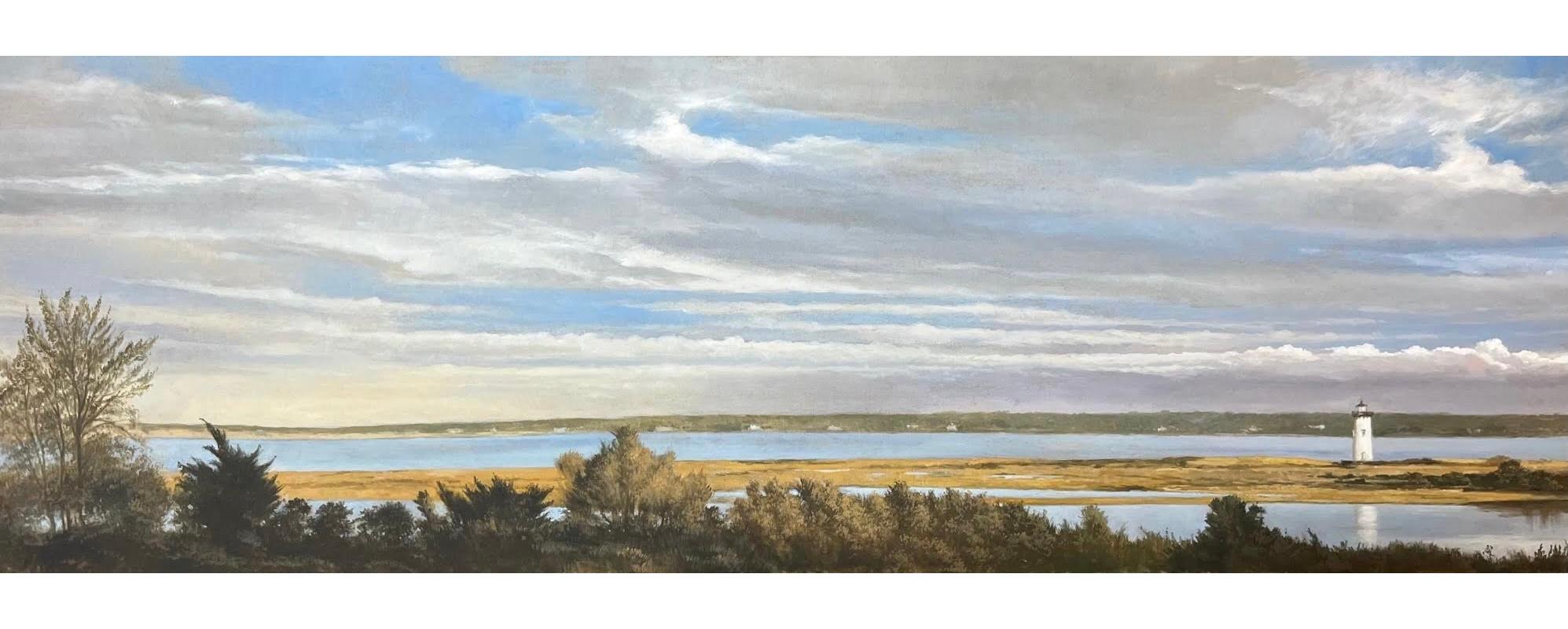 Landscape Painting Michel Brosseau - « View from the Porch » (Vue du porche) peinture à l'huile du port d'Edgartown avec phare et nuages