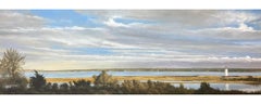 "View from the Porch" oil painting of Edgartown Harbor with lighthouse, clouds