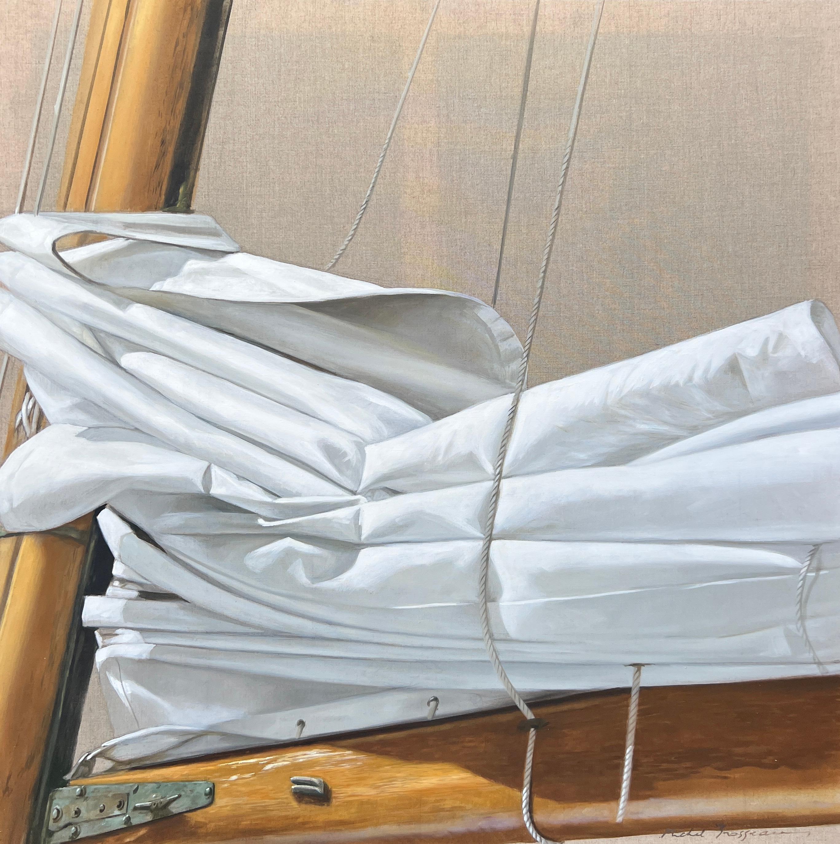 Michel Brosseau Still-Life Painting - "Voile Fraiche" photorealist oil painting of a folded white sail, linen behind