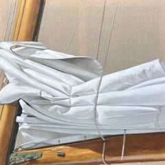 "Voile Fraiche" fotorealistisches Ölgemälde eines gefalteten weißen Segels, dahinter Leinen