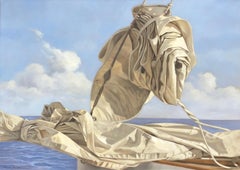 "Voille de Mer" oil painting of a folded sail with blue ocean behind