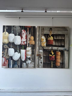 "Boyas envejecidas" díptico al óleo de boyas multicolores rojas y naranjas