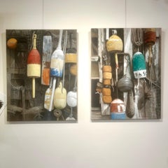 "Where the Sea Knocks" nautical diptych oil painting of multicolored buoys