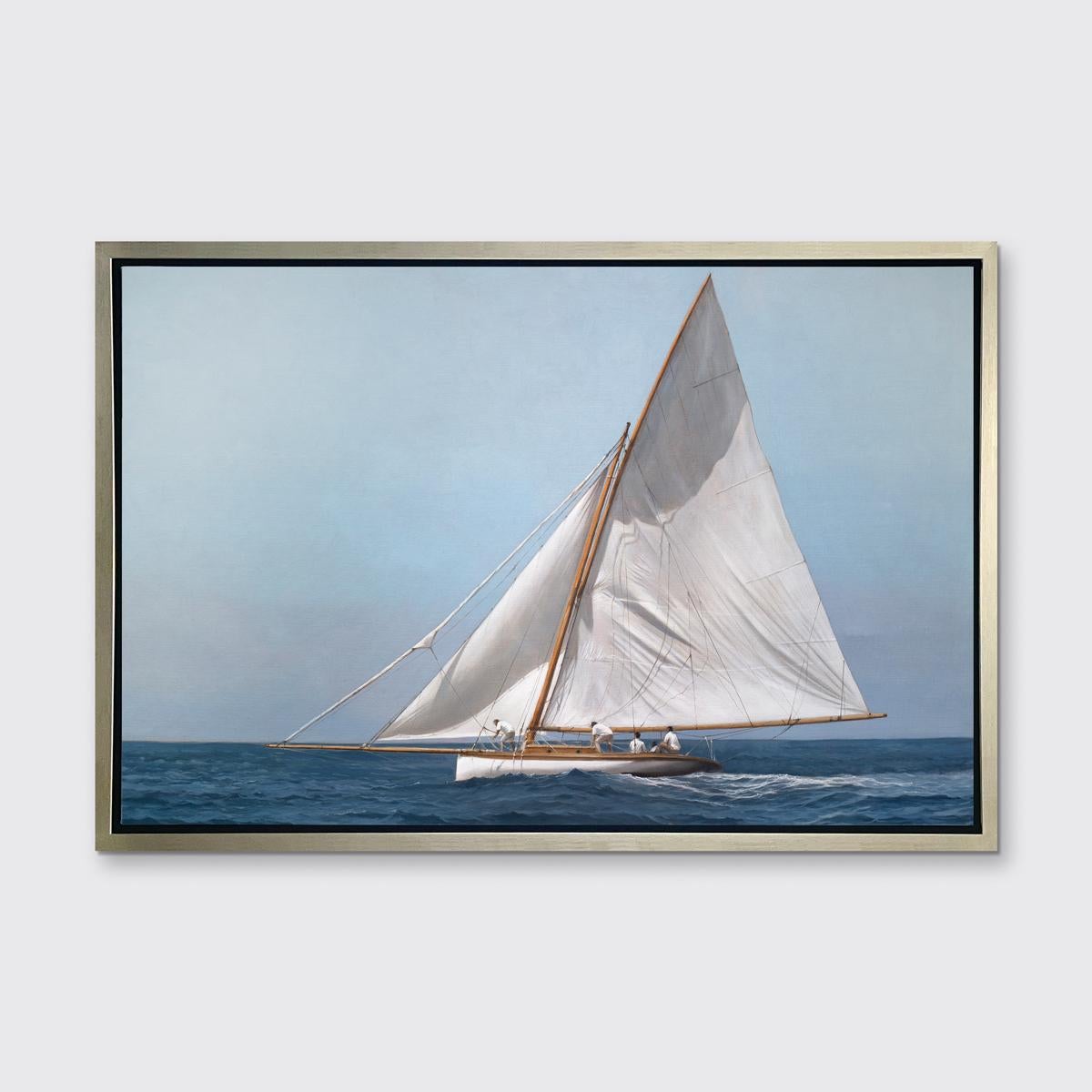 This realistic coastal limited edition print by Michel Brosseau features a light blue and white palette and captures a large sailboat as it sails through the ocean, carrying four passengers. 

This Limited Edition giclee print is an edition size of