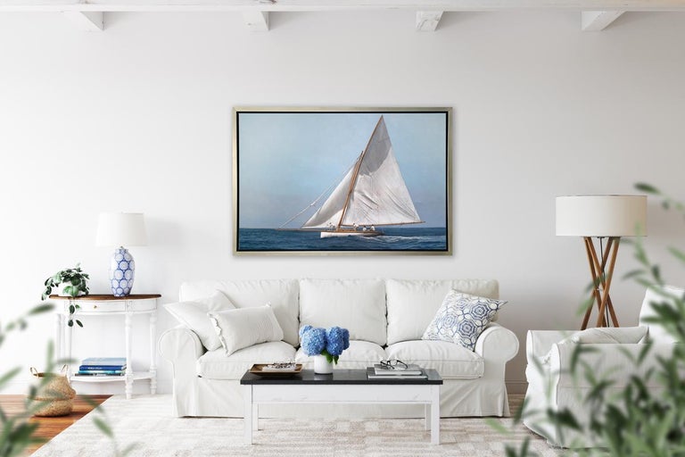This realistic coastal limited edition print by Michel Brosseau features a light blue and white palette and captures a large sailboat as it sails through the ocean, carrying four passengers. 

This Limited Edition giclee print is an edition size of