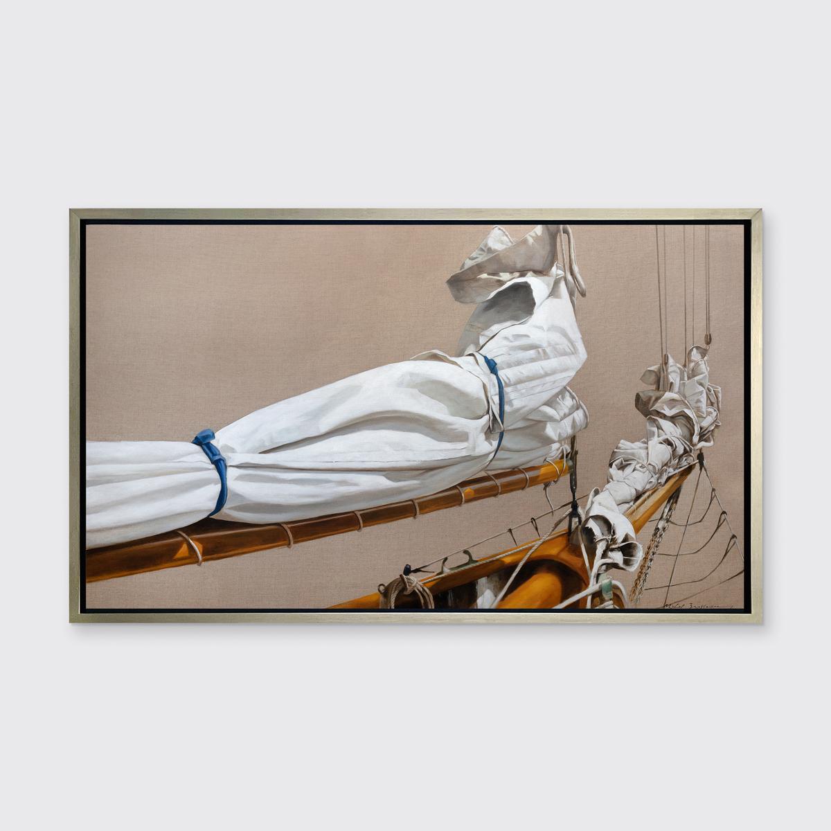 This realistic nautical limited edition print by Michel Brosseau captures the folded and tied white sails of a boat. The subject is rendered realistically with a flat light umber background. 

This Limited Edition giclee print is an edition size of