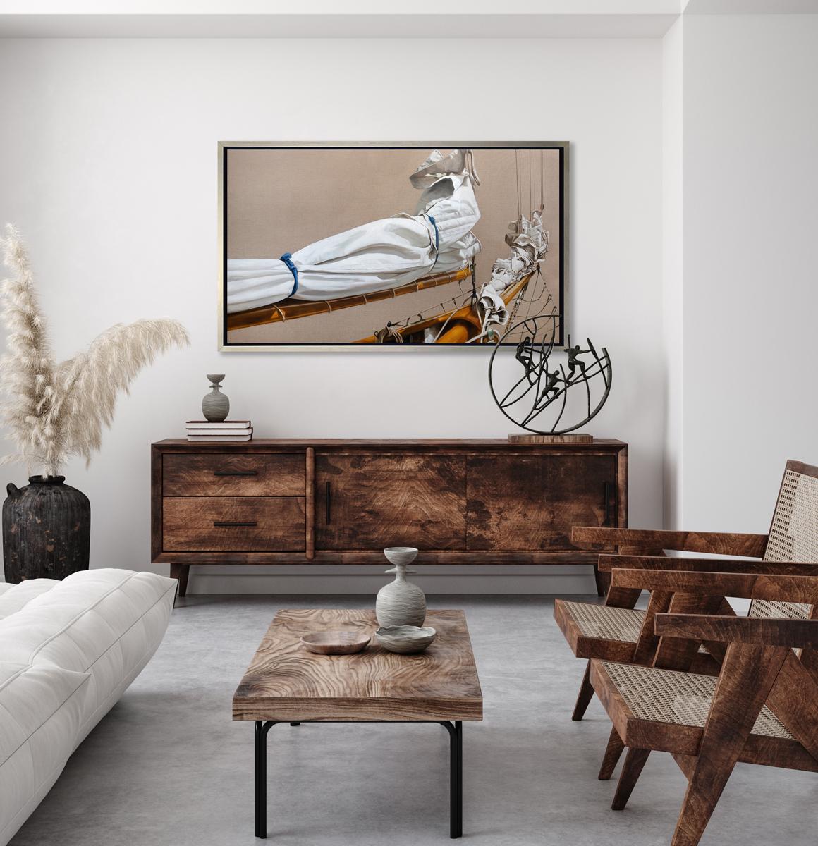 This realistic nautical limited edition print by Michel Brosseau captures the folded and tied white sails of a boat. The subject is rendered realistically with a flat, light, raw-linen colored background. 

This Limited Edition giclee print is an
