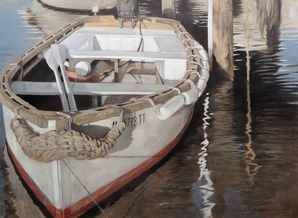 This realistic nautical limited edition print by Michel Brosseau captures a view of a small white dinghy boat tied to a dock. Two ores rest inside the small boat, which is surrounded by rippling water which reflects the wooden posts of the dock.