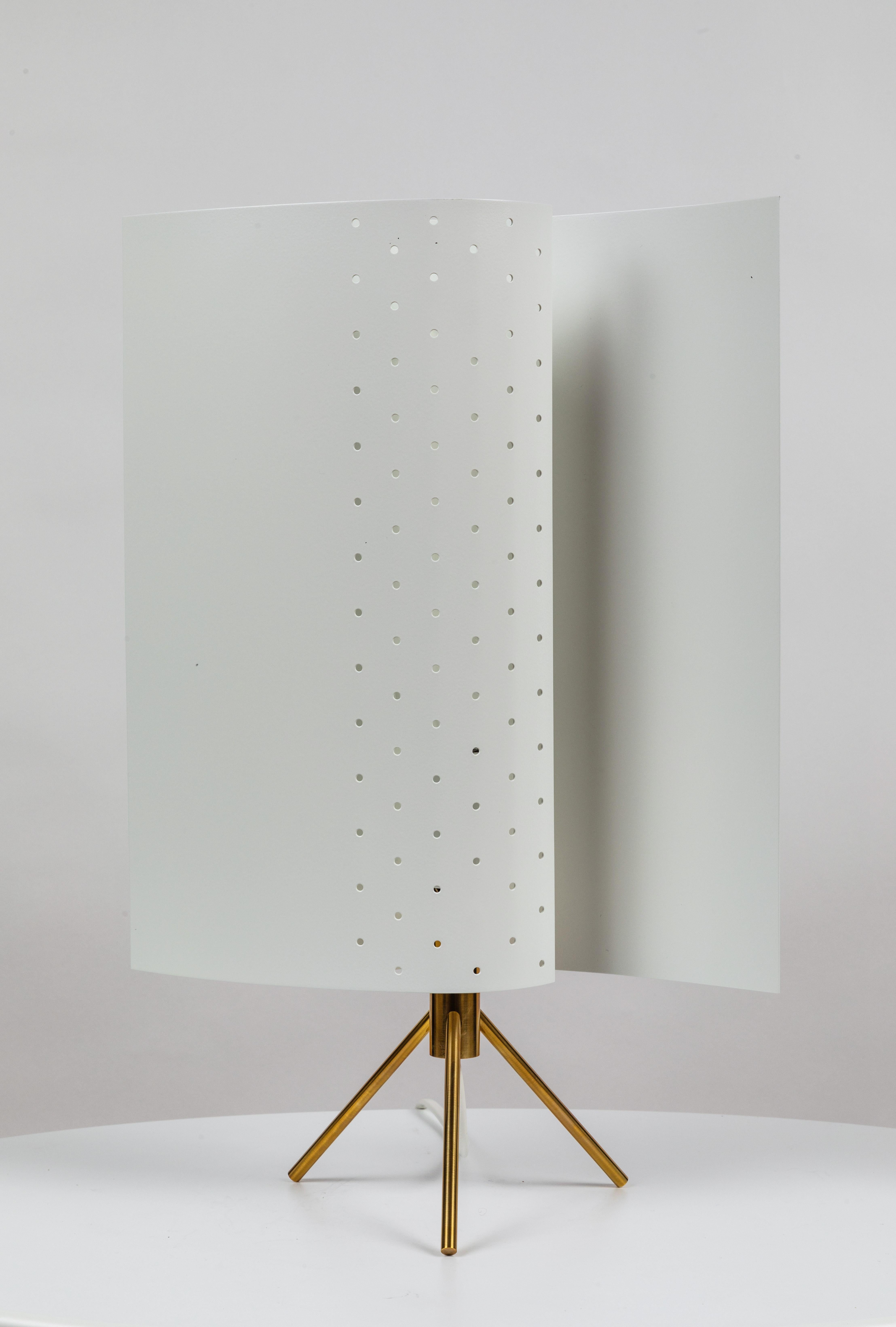 Michel buffet model #B207 white table lamp. This authorized edition is still made by Michel Buffet in France with many of the same small-scale manufacturing techniques and craftsmanship as his original run. Produced from a single sheet of white