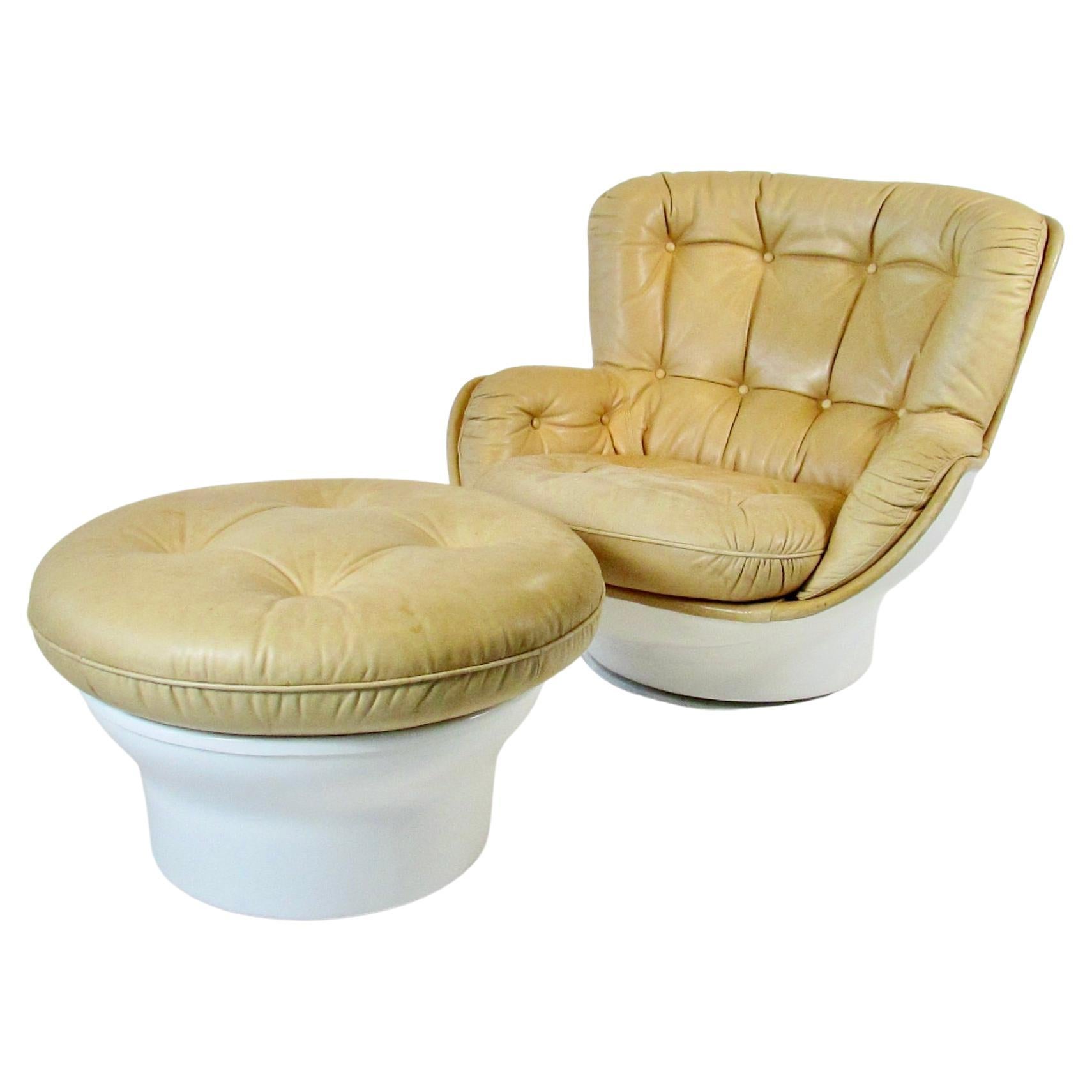 Michel Cadestin for Airborne White Fiberglass with Leather Lounge Chair Ottoman For Sale