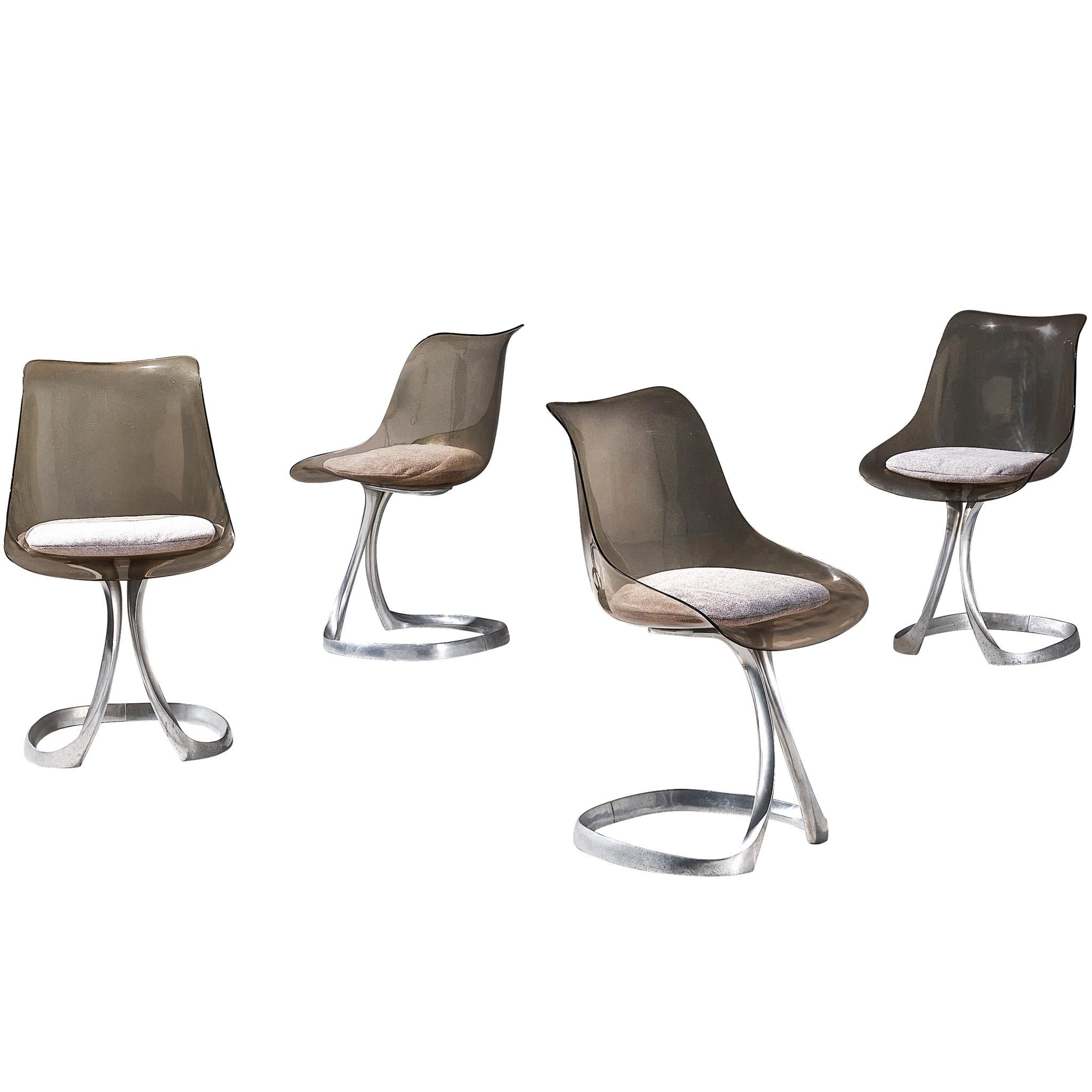 Michel Charron Set of Four Dining Chairs in Plexiglass and Aluminum