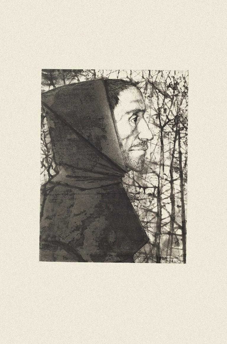 Michel Ciry Figurative Print - The Priest - Original Black and White Etching by M. Ciry - 1964